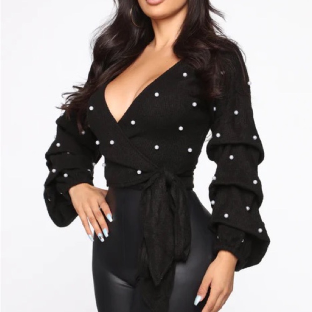 NWT Fashion Nova Womens Black Pearl Detail Crop Wrap Sweater Top - Picture 5 of 5